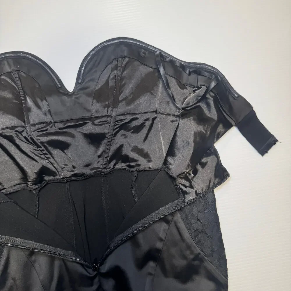 bebe Strapless Black Satin Lace Sheath Dress Women’s Medium Bodycon Bombshell - Picture 16 of 16